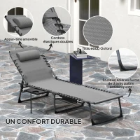 Outsunny Bain de soleil pliante dossier réglable sur 5 niveaux, plateau, appuie-tête, poche latérale 60x190x31cm, gris(m-5)