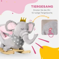HOMCOM Schaukeltier Elefant, Sicherheitsgurt, gepolsterter Sattel, Soundfunktion 60 cm x 33 cm x 45 cm, Grau + Rosa(m-5)