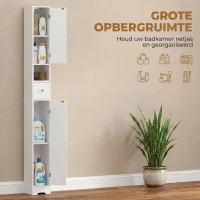 HOMCOM Badkamerkast smalle hoge kast met lade, gebogen deuren, open vak, verstelbare plank, 20x20x185 cm, Wit(m-4)