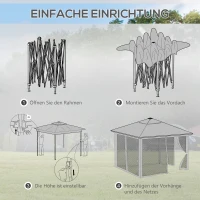 Outsunny Gartenzelt mit solarbetriebenen LED´s Gartenzelt mit Beleuchtung, 336 cm x 336 cmx 270 cm, Grau(m-6)