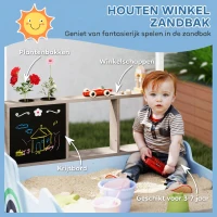 AIYAPLAY Zandbak met Voordak, Ontwerp van Een Kruidenierswinkel, Zitbank, Tekentafel, Sparrenhout, 104H x 108L x 90B cm, Blauw(m-4)