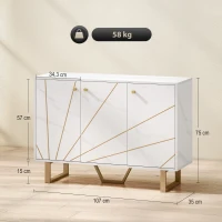 HOMCOM Móvel de Arrumação Buffet para Sala com 2 Armários 3 Portas e Prateleira Ajustável Pés em Metal Aspeto Mármore Branco(m-3)