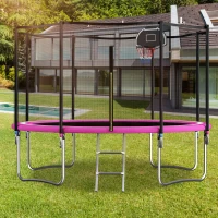 Outdoor Trampoline with Basketball Hoop and Safety Net, Heavy Duty Rebounder with Weatherproof Steel Frame, 366L x 366W x 76H cm, Pink(m-1)