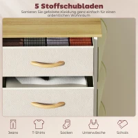 HOMCOM Schlafzimmer-Kommode mit 5 Stoffschubladen, Stahlstreben, Holzoberfläche, 4 Aufbewahrungstaschen, 2 Haken, Beige(m-4)