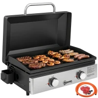 Outsunny 2 Burner Grill Griddle, Portable Gas Plancha, 6 kW, Tabletop Gas BBQ with Grease Cup for Camping Picnic Patios, Black(m-10)
