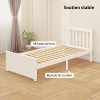 HOMCOM Cadre de Lit 90x190cm en Bois Massif,  2 Tiroirs sur Roulettes, Tête de Lit, Pied de Lit, Sommier à Lattes, Blanc(m-5)