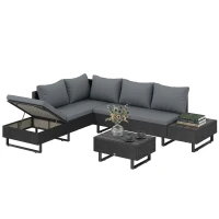 Outsunny 5 Seater Rattan Garden Furniture Set, L Shaped Garden Corner Sofa, Adjustable Back, Faux Wood Table, Dark Grey(m-10)