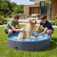 PawHut Foldable Dog Pool for Puppies and Ducks Dog Paddling Pool Bath Tub, Dark Grey, 140 x 30cm(m-2)