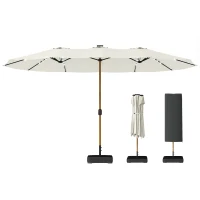 Outsunny Double Sided Garden Parasol with Base Included & 48 Solar LED Lights Patio Umbrella Crank Handle 4.6m Cream White(m-11)