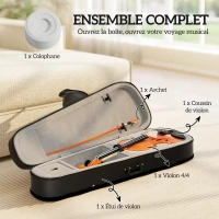 HOMCOM Violon 4/4 ensemble de violon en bois massif pour adultes et débutants avec étui léger et portable 60 x 21 cm marron(m-4)