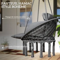 Outsunny Chaise suspendue avec grand coussin rembourré hamac fauteuil suspendu à franges kit de suspension 80 x 60 x 40 cm gris foncé(m-5)