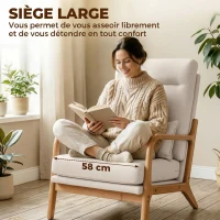 HOMCOM Fauteuil salon, fauteuil d'appoint rembourré en lin avec large assise, support lombaire, haut dossier, 64x86x93cm, crème(m-5)