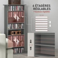 HOMCOM Rangements pour CD et DVD avec 8 compartiments et 6 étagères réglables, capacité max. 360 CD/185 DVD et Blu-ray, gris(m-5)
