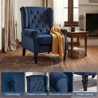 HOMCOM Fauteuil de salon capitonné avec assise large, pieds en bois, style classique, grand confort, 74x86x102cm, bleu foncé(m-4)