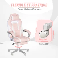 HOMCOM Chaise gaming, fauteuil gaming ergonomique avec repose-pieds, hauteur réglable, dossier inclinable, 63x63x123cm, rose(m-6)
