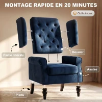 HOMCOM Fauteuil de salon capitonné avec assise large, pieds en bois, style classique, grand confort, 74x86x102cm, bleu foncé(m-7)