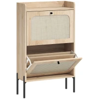 HOMCOM Meuble à chaussures 12 paires, armoire à chaussures, 2 tiroirs rabattables, portes en rotin et étagères réglables, chêne(m-12)