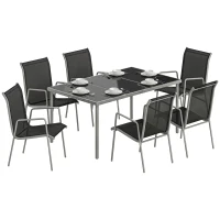 Outsunny Salon de Jardin 6 Personnes Ensemble Table et Chaises Jardin avec Chaises Empilables en Textilène 70x51x87cm Argent(m-11)