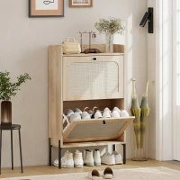 HOMCOM Meuble à chaussures 12 paires, armoire à chaussures, 2 tiroirs rabattables, portes en rotin et étagères réglables, chêne(m-2)