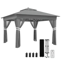 Outsunny Gartentent met zonne-energie LED's Gartentent met verlichting, 336 cm x 336 cm x 270 cm, Grijs(m-11)