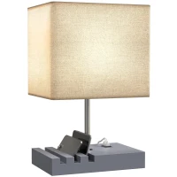 HOMCOM Bedside Lamp with USB A+C Charging Ports and 3 Phone Stands, Modern Table Lamp with Solid Wood Base and Fabric Shade for Bedroom Living Room Office, E27 Socket, Bulb Not Included, Grey(m-10)