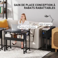 HOMCOM Bureau pliable sur roulettes 80 x 50 cm avec étagère et sac de rangement, noir(m-4)