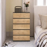 HOMCOM Cassettiera 5 Cassetti in Legno con Guide in Metallo e Maniglie Scanalate, 60x39x100 cm, Nero e Rovere(m-6)