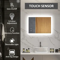 kleankin LED Badezimmerspiegel, Hintergrundbeleuchtung, Touch-Funktion, Memory-Funktion, kein Beschlagen, 80 x 60 cm(m-4)