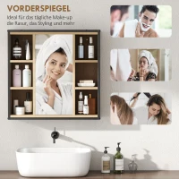 HOMCOM Badezimmer-Spiegelschrank, 6 offene Fächer, 3-stufiges Regal, Wandmontage, Eiche(m-4)