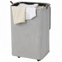 HOMCOM Wäschekorb mit Deckel und Rollen 50 L Klappbarer Wäschekorb mit herausnehmbarem Kordelbeutel 40x30x65 cm Grau(m-6)