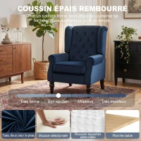 HOMCOM Fauteuil de salon capitonné avec assise large, pieds en bois, style classique, grand confort, 74x86x102cm, bleu foncé(m-5)