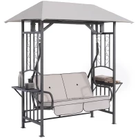 Outsunny Balancelle de Jardin 2 Places Style Colonial Grand Confort Matelas + tablettes Supports métal époxy Gris foncé Polyester Gris Clair(m-1)