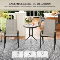 Outsunny 3 pièces salon de jardin extérieur ensemble de meubles 2 fauteuils empilables table basse dessus verre trempé gris clair(m-4)