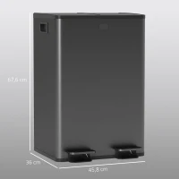 HOMCOM Poubelle de cuisine 2 compartiments de 2 x 28L, acier inoxydable, couvercle à fermeture douce, 45,8x36x67,6cm, noir(m-3)