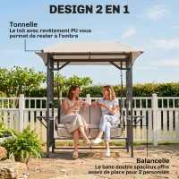 Outsunny Balancelle de Jardin 2 Places Style Colonial Grand Confort Matelas + tablettes Supports métal époxy Gris foncé Polyester Gris Clair(m-4)