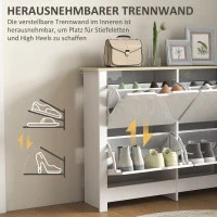 HOMCOM Smalle Schoenenkast met 4 Klapvakken voor 8–16 Paar Schoenen, 105 x 26 x 80 cm, Wit + Natuurlijk hout(m-6)