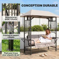 Outsunny Balancelle de Jardin 2 Places Style Colonial Grand Confort Matelas + tablettes Supports métal époxy Gris foncé Polyester Gris Clair(m-5)