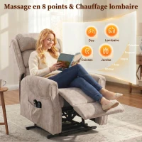 HOMCOM Fauteuil releveur électrique massage par vibrations et chaleur, fauteuil relax électrique en velours, 80x160x82cm, beige(m-5)
