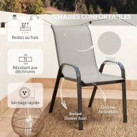 Outsunny 3 pièces salon de jardin extérieur ensemble de meubles 2 fauteuils empilables table basse dessus verre trempé gris clair(m-6)