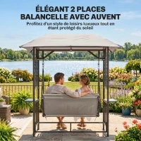 Outsunny Balancelle de Jardin 2 Places Style Colonial Grand Confort Matelas + tablettes Supports métal époxy Gris foncé Polyester Gris Clair(m-7)
