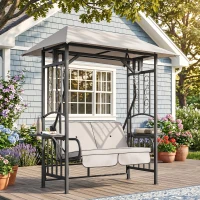 Outsunny Balancelle de Jardin 2 Places Style Colonial Grand Confort Matelas + tablettes Supports métal époxy Gris foncé Polyester Gris Clair(m-12)