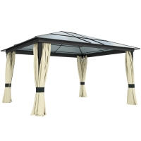 Outsunny Hardtop-Gartenpavillon 4,2 x 3,6 m, Vorhänge mit Fliegennetz, Alugestell, Braun+Creme