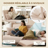 HOMCOM Canapé convertible 2 places avec dossier réglable à 5 niveaux et 2 coussins rembourrés, revêtement effet velours, beige(m-5)