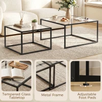 HOMCOM Salontafels 2-delig Ronde settafel met gehard glazen blad en metalen frame, voor woonkamer zwart(m-6)