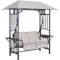 Outsunny Balancelle de Jardin 2 Places Style Colonial Grand Confort Matelas + tablettes Supports métal époxy Gris foncé Polyester Gris Clair(m-14)