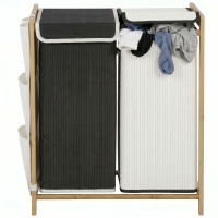 HOMCOM Panier à linge avec couvercle 120 L en bambou avec 2 compartiments sacs à cordon poches latérales Blanc et Noir