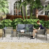 Outsunny 4-teiliges Gartenmöbel-Set, 1 Sofa, 2 Sessel, 1 Tisch mit Glasplatte, Kissen, Stahlrahmen, Kunststoff-Rattan, Grau(m-2)