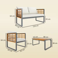 Outsunny 4-teiliges Gartenmöbel-Set, 2 Sessel, 1 Sofa, 1 Kaffeetisch, Sitzkissen, Akazienholz, Stahlgestell, Grau+Beige(m-3)