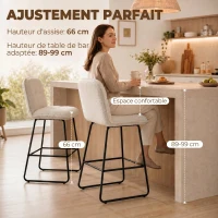 HOMCOM Lot de 2 Tabourets de Bar, Chaises de Bar Rembourrées en Tissu Bouclette, Extra-Large Assise 66H cm, Crème(m-4)