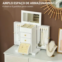HOMCOM Organizador de Joias de 4 Níveis com 2 Gavetas, Espelho e Portas Laterais com Ganchos para Brincos, Anéis e Colares, Branco(m-4)